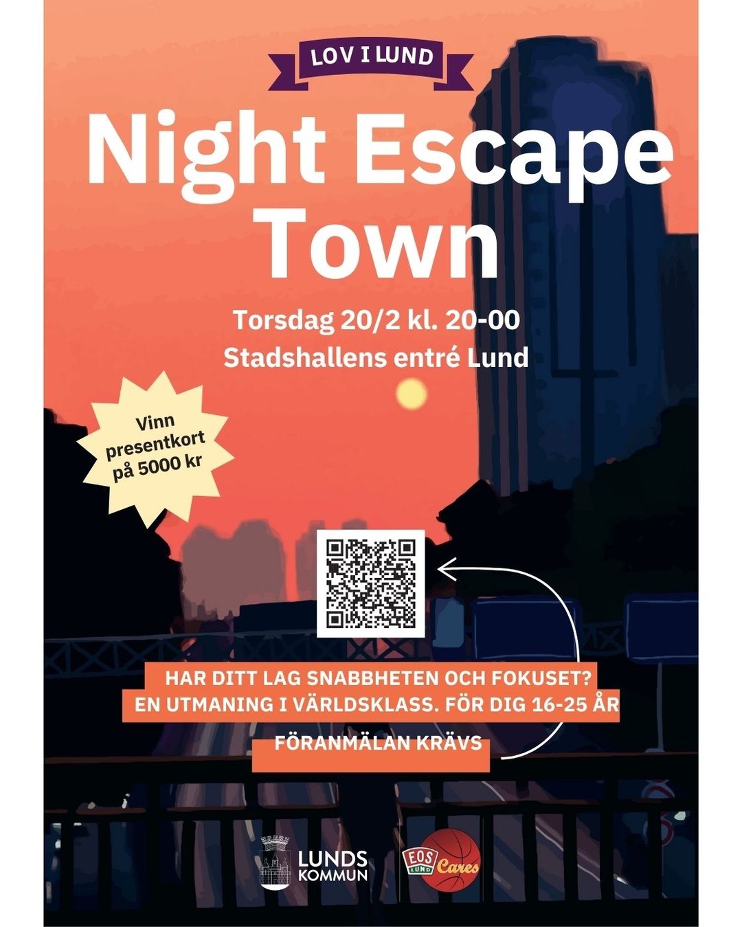 Affisch för Night Escape Town i samarbete med Eos Cares och Lunds kommun