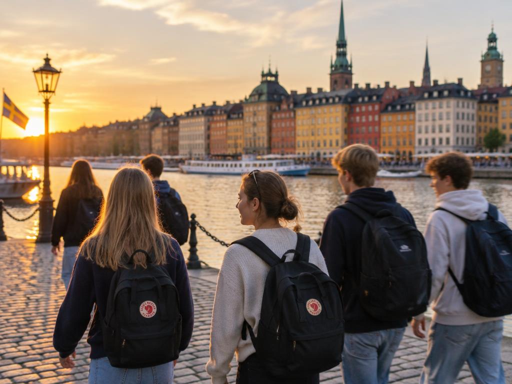 Ungdomar på resa i Stockholm med Gamla stan i bakgrunden